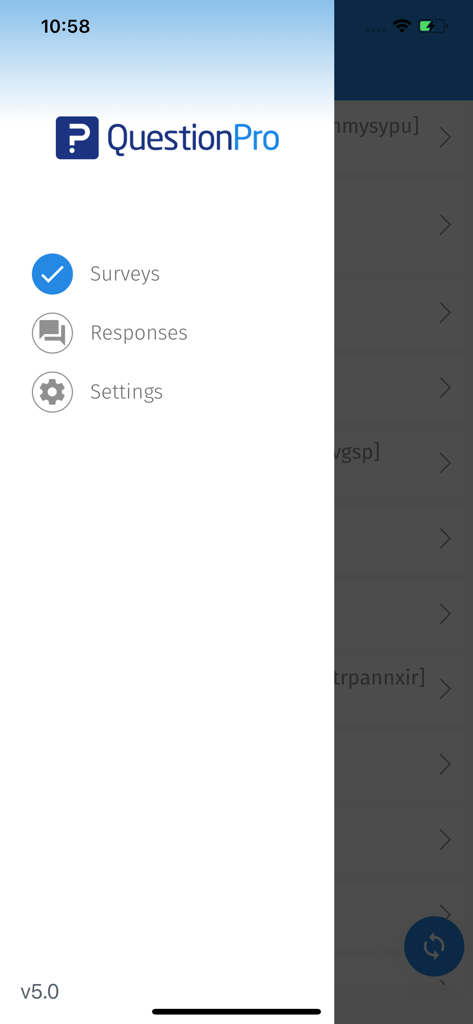 QuestionPro - Offline Surveys - Menu de navigation de l'application d'enquêtes hors ligne QuestionPro montrant les options pour les enquêtes, les réponses et les paramètres.