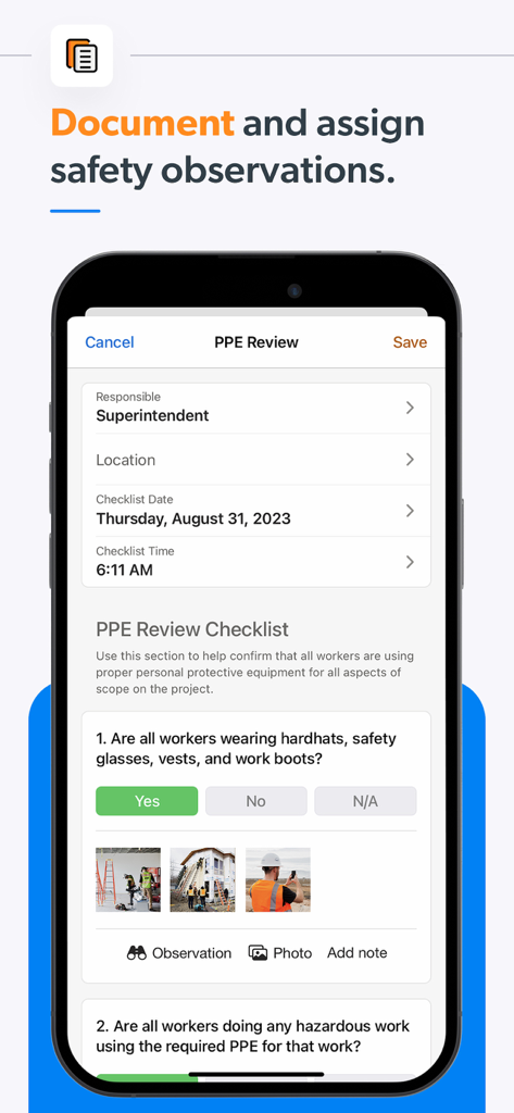Raken Construction Management - Raken mobile app interface showing a PPE review checklist and safety observation documentation for construction sites.
