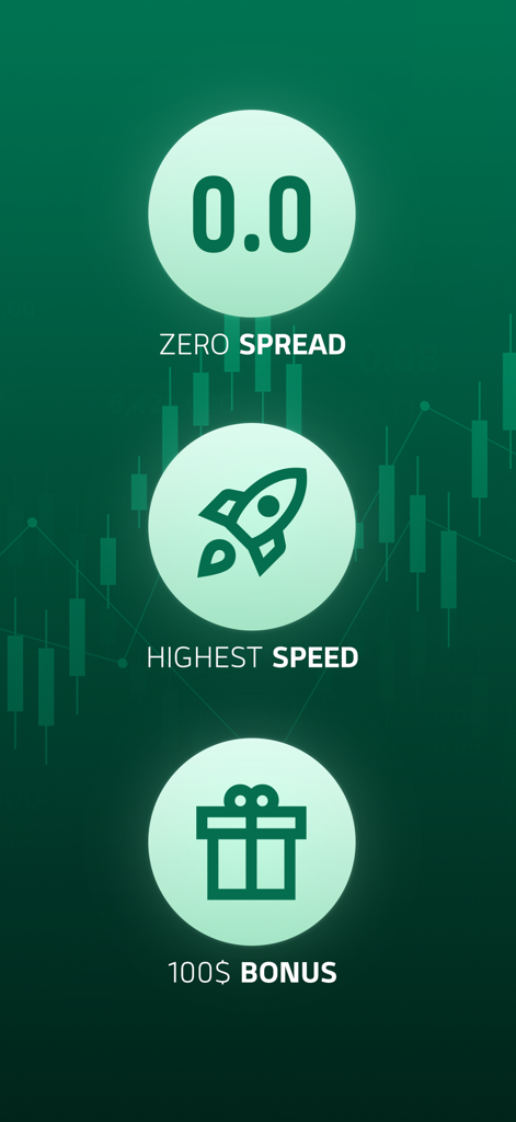 Icônes montrant les fonctionnalités de l'application Trendo, y compris les spreads nuls, la haute vitesse et le bonus de 100 dollars