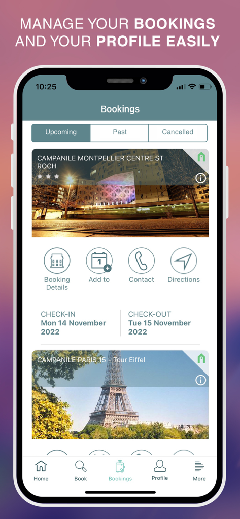 Captura de pantalla de la app Louvre Hotels Group mostrando la sección de gestión de reservas con próximas estancias de hotel.