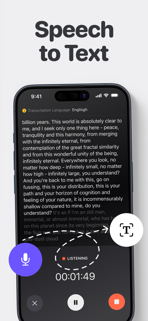 録音された音声のリアルタイム音声テキスト変換を表示するスマートフォン画面。