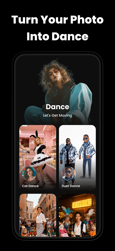 VibeMe AI: Music Video Maker - VibeMe AI app screen showing the photo to dance animation feature with multiple creative templates