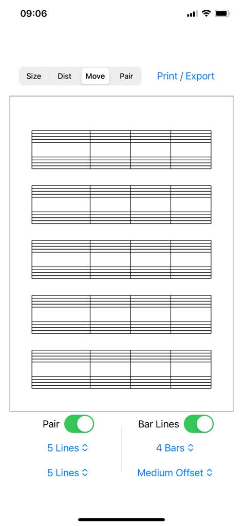 Staff Designer - Interfaz de la aplicación Staff Designer para personalizar diseños de partituras con opciones para líneas de pentagrama y líneas de compás