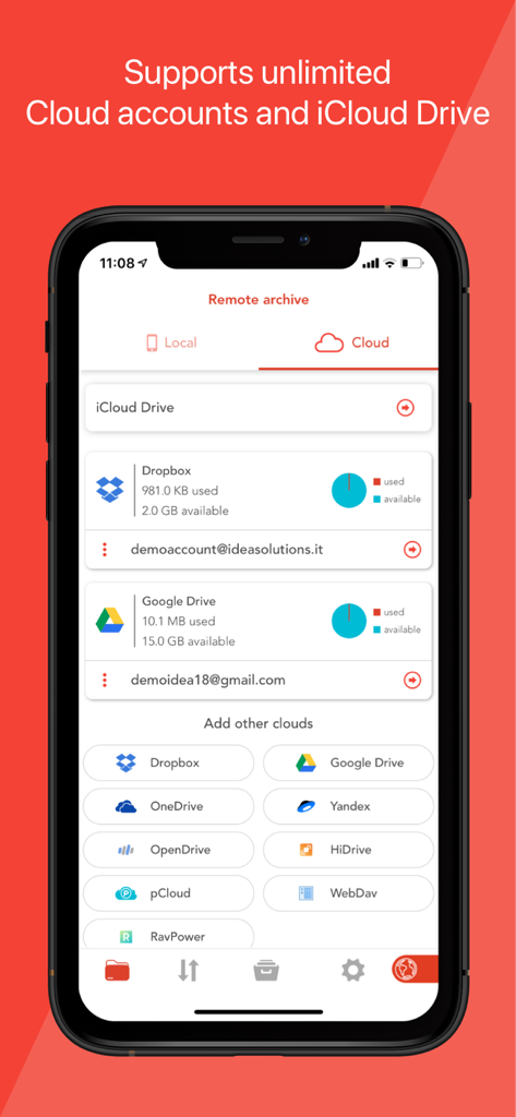 Interfaz de Amerigo File Manager mostrando cuentas en la nube vinculadas y el uso del almacenamiento.