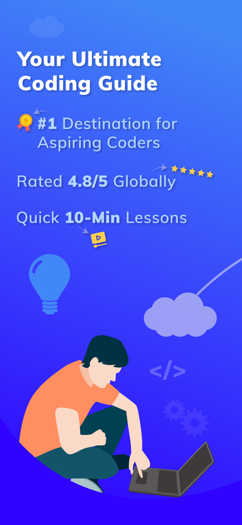 A person learning to code on a laptop in the Programming Hub app with the text Your Ultimate Coding Guide.
