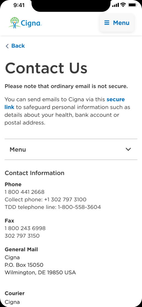 Cigna Envoy app Contact Us page showing customer service phone numbers and mailing addresses