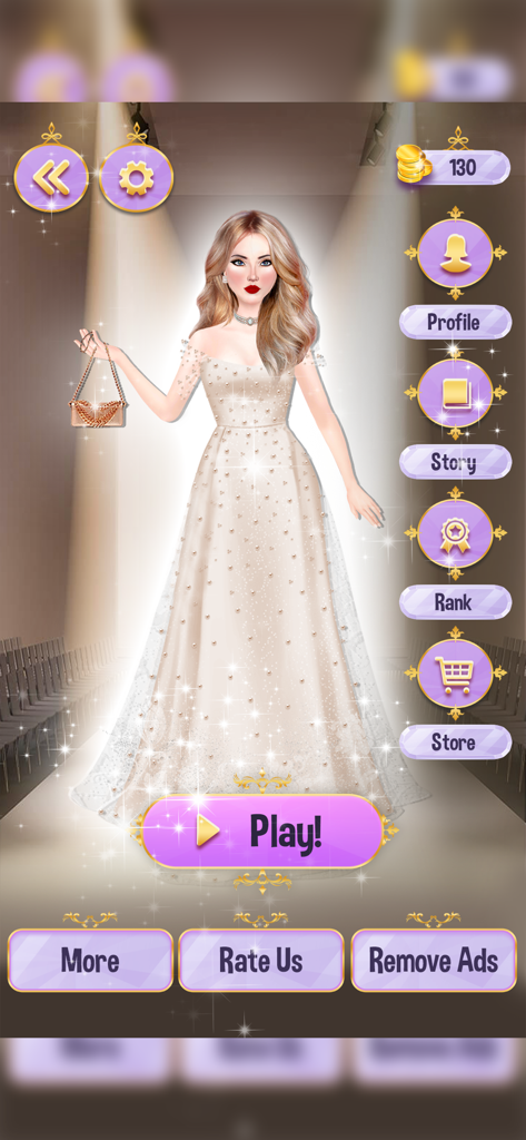 Fashion Makeup Makeover Games - Pantalla del menú principal de Fashion Makeup Makeover Games con una modelo en un vestido blanco