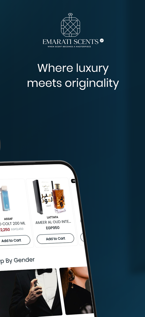 Emarati Scents mobile app screen showing luxury perfumes and the slogan where luxury meets originality