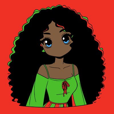 a black anime girl with long afro hair