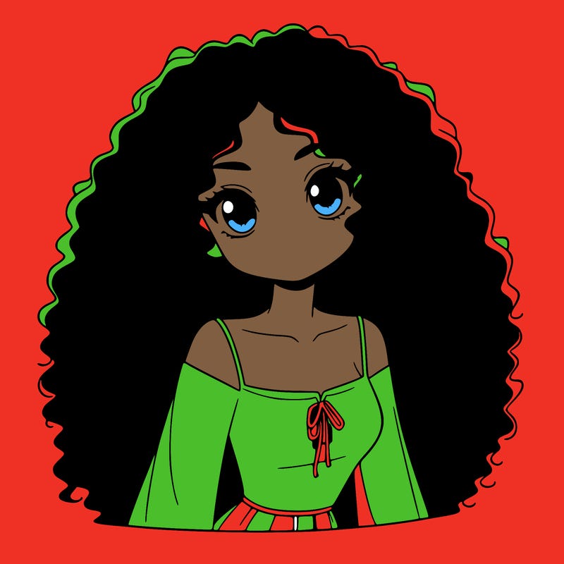 a black anime girl with long afro hair
