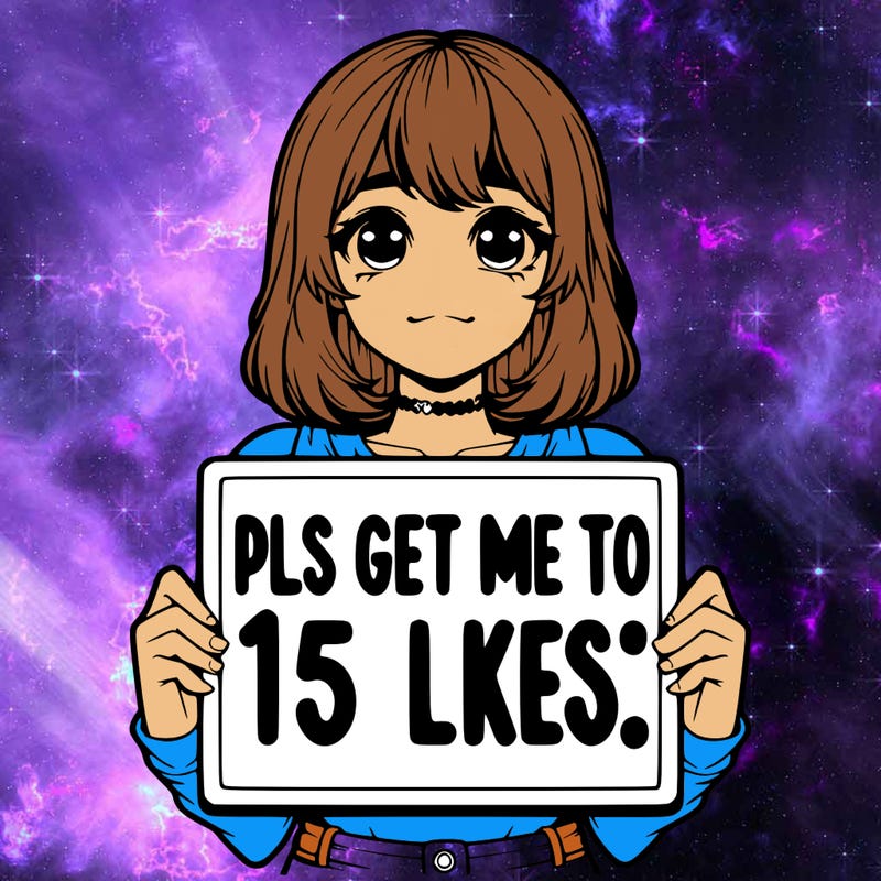 realistic girl holding up a sign that says “pls get me to 15 likes!”