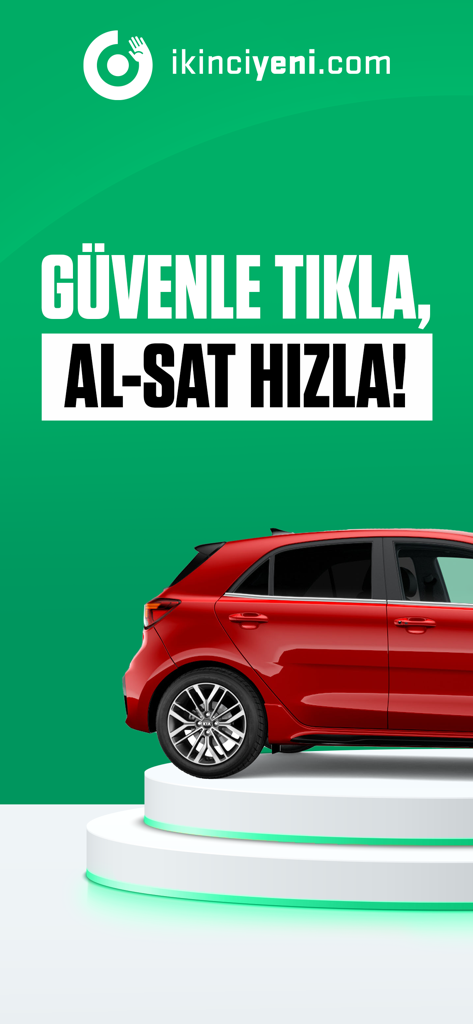 ikinciyeni.com - Une voiture rouge sur un piédestal d'exposition avec un texte turc faisant la promotion du commerce de voitures sécurisé et rapide sur la plateforme ikinciyeni.