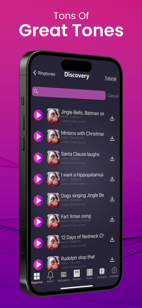 다운로드할 다양한 오디오 트랙을 보여주는 iPhone용 벨소리 앱의 검색 화면