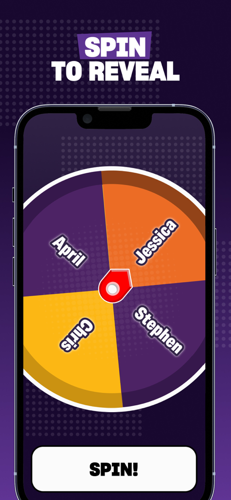 A colorful party roulette wheel in the Truth or Dare app with names of players