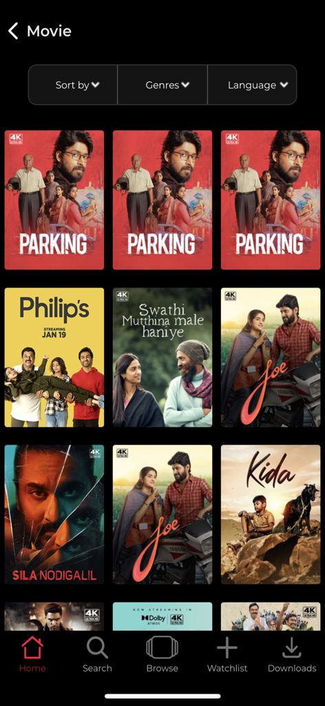 Interface de l'application Simply South affichant une grille d'affiches de films sud-indiens avec des filtres de tri et de genre