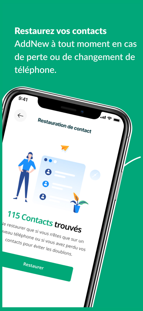 AddNew - AddNew mobile app interface showing the contact restoration screen with one hundred and fifteen contacts found