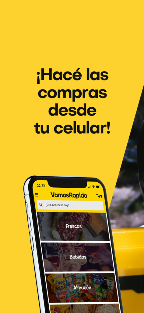 Smartphone displaying the Vamos Rapido app interface with various shopping categories
