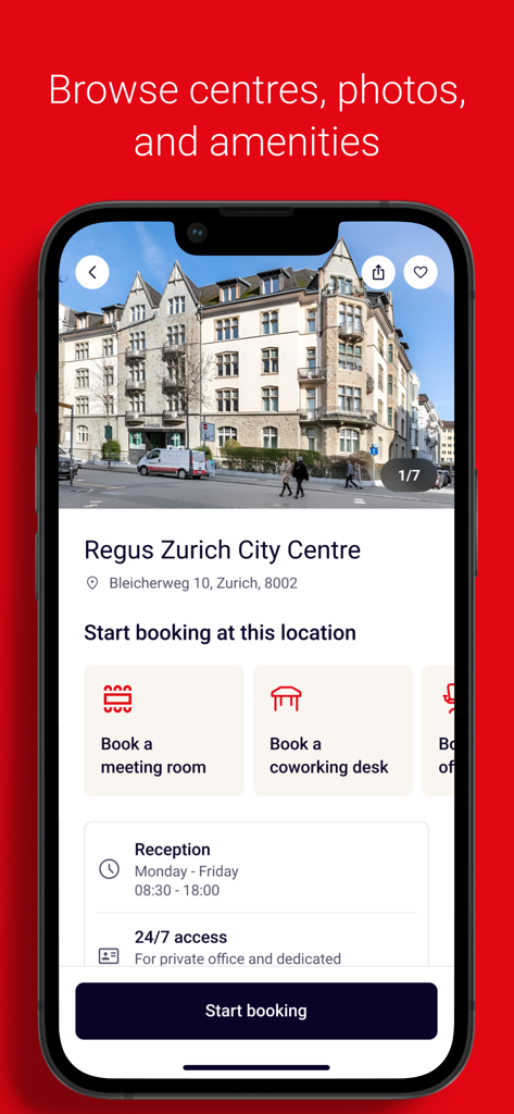 Regus app interface showing office rental options for Zurich City Centre with buttons for booking meeting rooms and coworking desks.