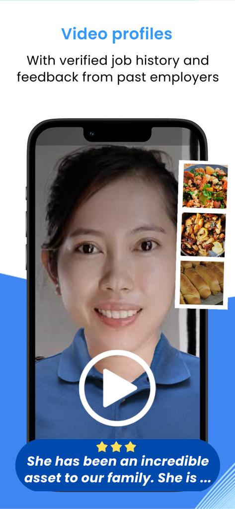 Perfil en video de una trabajadora doméstica que muestra historial laboral y reseñas en la aplicación We Are Caring