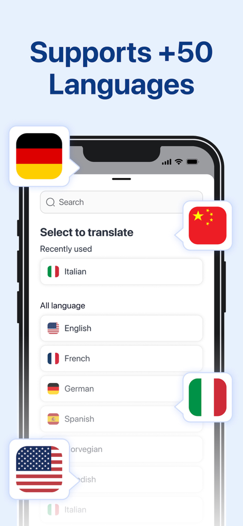 Photo Translator AI - Photo Translator AI app interface showing a list of supported languages and national flags