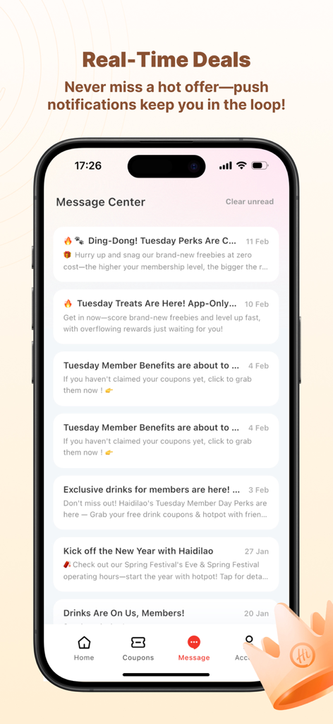 Haidilao app message center screen displaying real time deals and member benefits