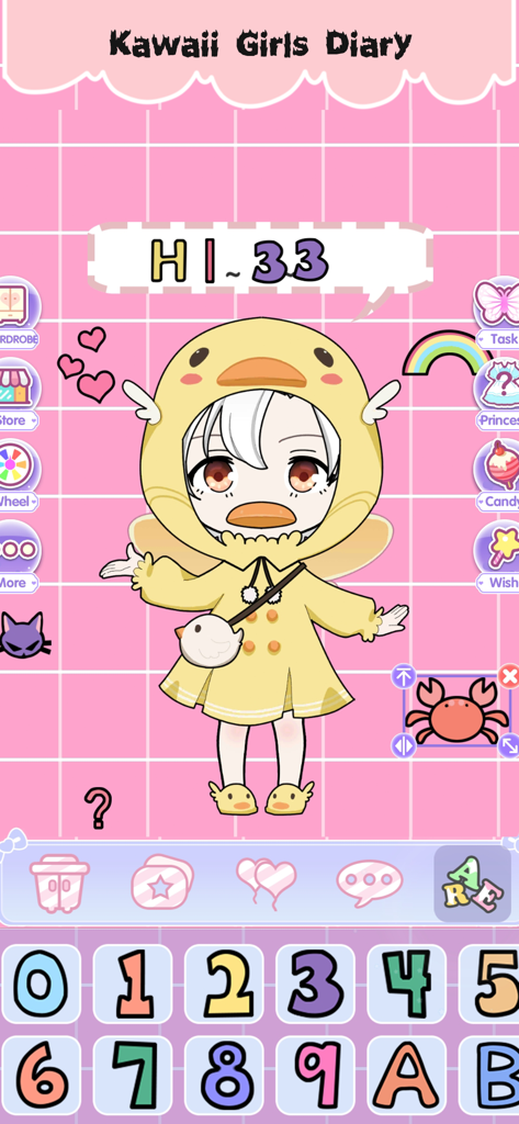 Cute chibi girl character wearing a yellow duck costume in the Vlinder Dolls dress up game interface