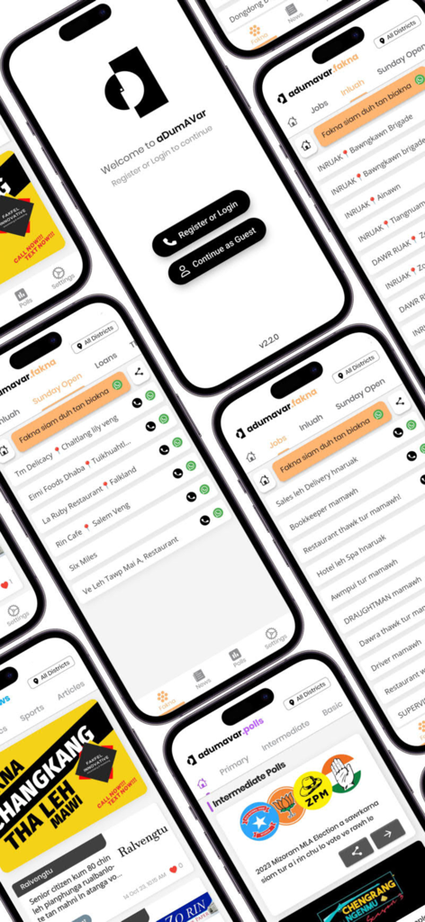 aDumAVar - Interface screenshots of the aDumAVar app featuring Mizo news classifieds and community polls