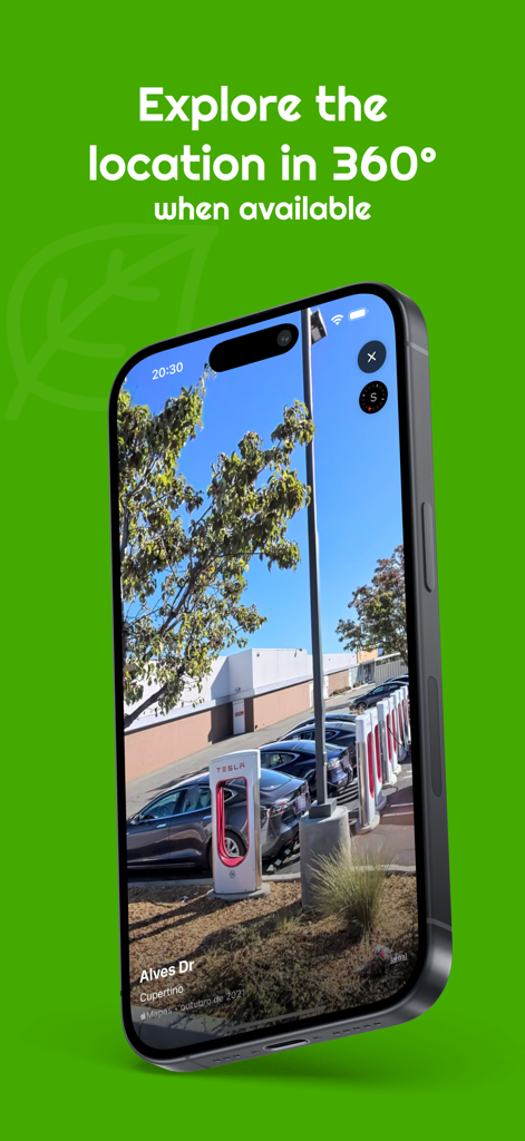 eStations - iPhone screen displaying a 360-degree street view of a Tesla Supercharger station within the eStations app.