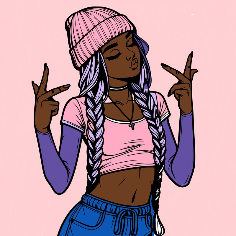 realistic teenage girl with braids and a beanie and crop top doing 🫶🏼