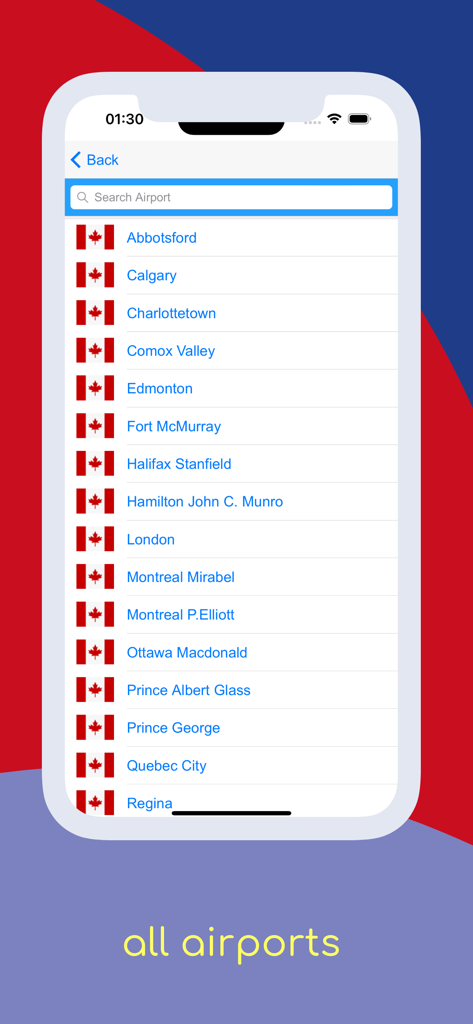 C.A.T: Canada Air Sky Tracker - A searchable list of Canadian airports including Calgary and Edmonton with flags in the Canada Air Sky Tracker app