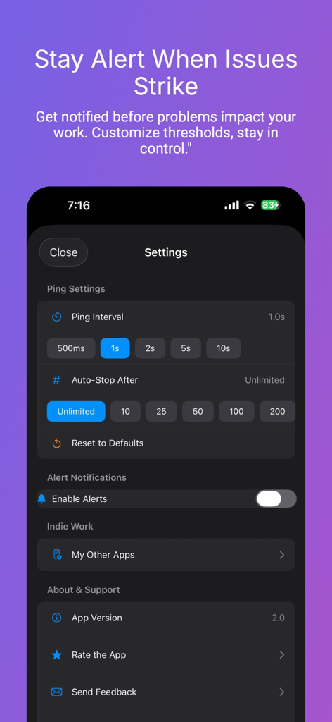 Ping – Network Tools - Ping Network Tools app settings screen for alerts and intervals
