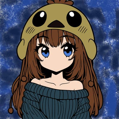 anime girl with chick shaped hat with sweater with bare shoulders with bangs covering them one eye with low tail