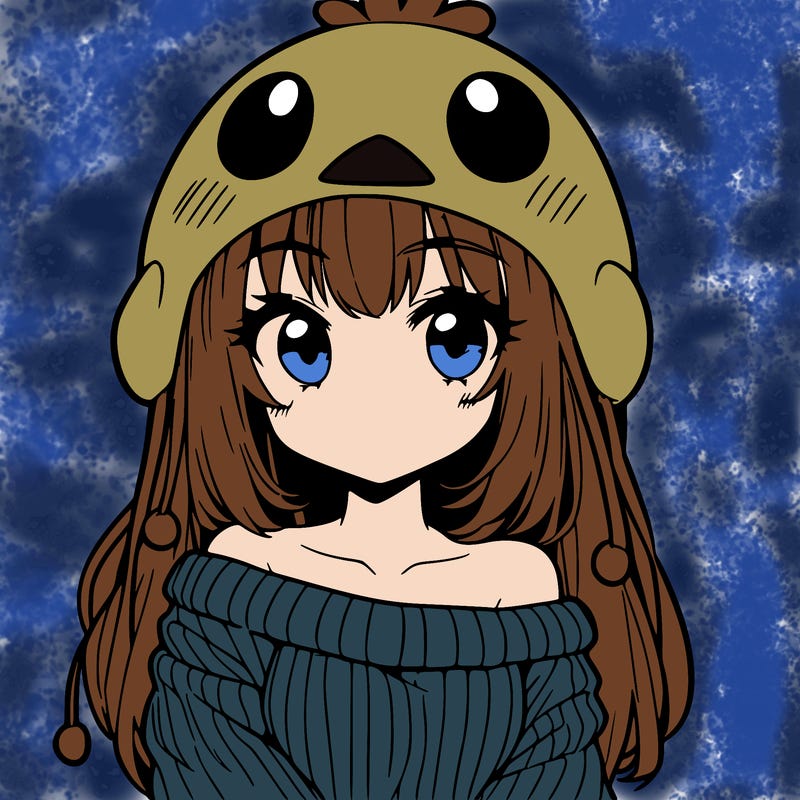 anime girl with chick shaped hat with sweater with bare shoulders with bangs covering them one eye with low tail