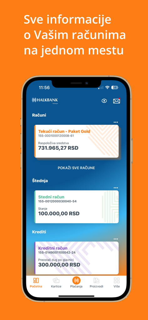 Dashboard di mobile banking di SmartHALK che mostra i saldi dei conti correnti, di risparmio e di prestito