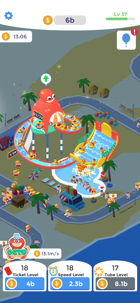 Idle AquaPark - Jogabilidade de parque aquático colorido em Idle AquaPark apresentando um toboágua de polvo e menu de atualização