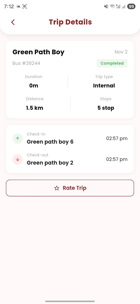 Mwasalat Shuttle - Pantalla de detalles del viaje en la aplicación Mwasalat Shuttle que muestra la información del viaje completado
