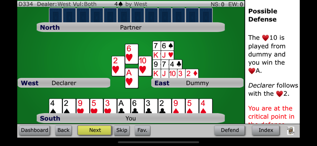 Instructional bridge game interface showing a card play scenario and defensive strategy tips