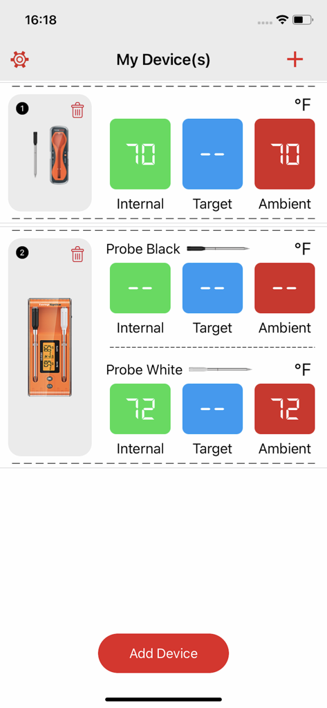 TempSpike mobile app dashboard showing real-time internal and ambient meat temperatures for multiple probes