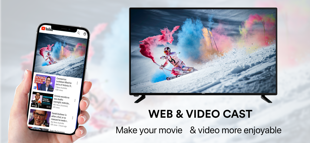 iPhone screen mirroring a web video onto a large smart TV