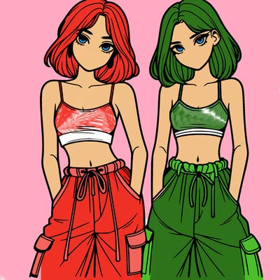 two girls with crop top with baggy pants