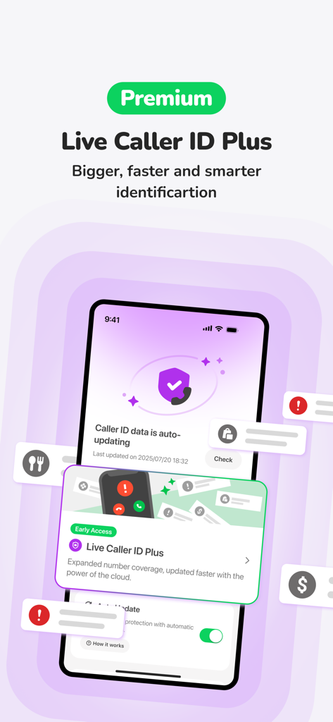 A promotional screen for Whoscall Premium Live Caller ID Plus highlighting smarter and faster call identification