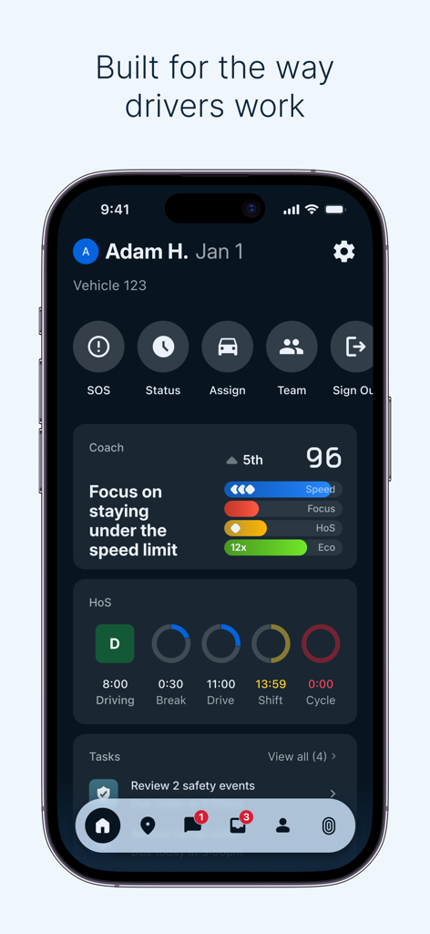 Samsara Driver mobile app dashboard showing safety score and hours of service metrics