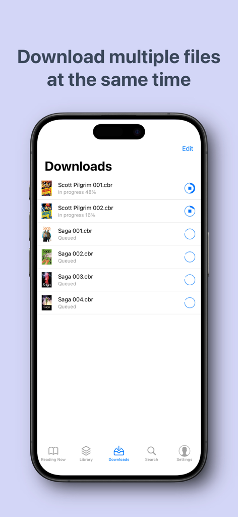 Panels - Comic Reader - Panels app interface showing multiple comic book files downloading and queued for offline reading