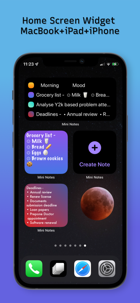 Pantalla de inicio de iPhone con coloridos widgets de notas adhesivas de Jot Down para listas de compras y seguimiento de fechas límite