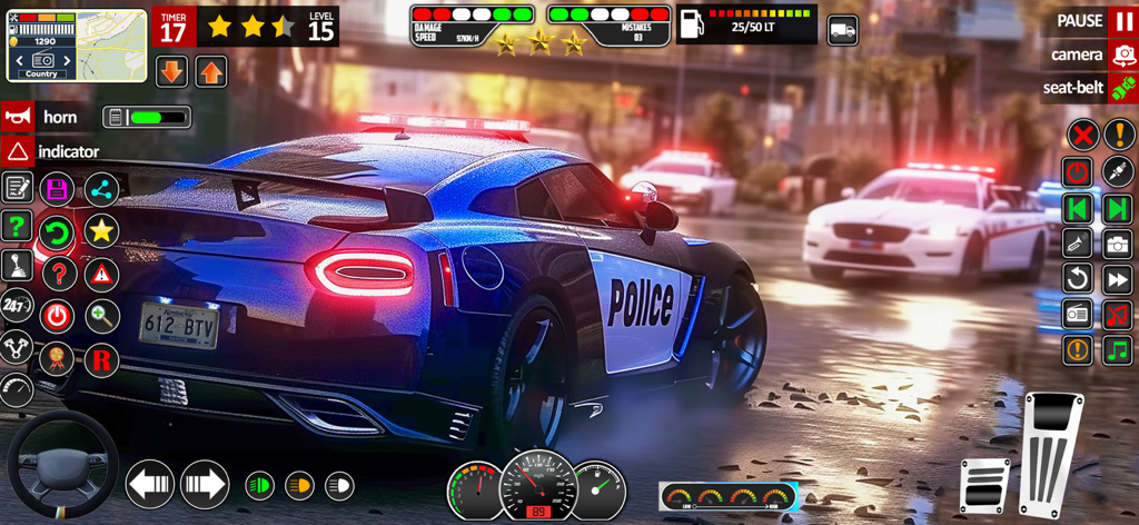 US Police Cop Car Chase Game - Un coche deportivo de policía azul en una carretera mojada en un escenario de alta velocidad con interfaz de juego