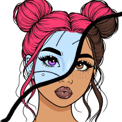 realistic girl with two buns on her hair and lips