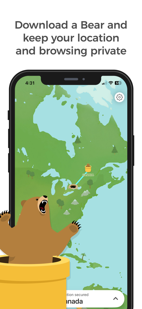 L'application VPN TunnelBear affiche un personnage d'ours et une connexion sécurisée au Canada sur une carte.