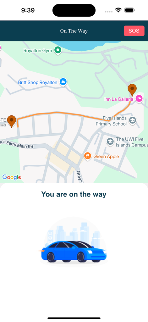 Swyft Taxi app interface showing a real-time ride tracking map and SOS safety button