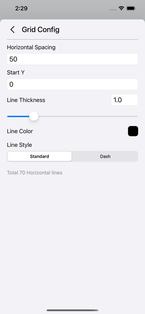 Graph Paper Gen - Settings screen for customizing grid spacing line thickness and line style
