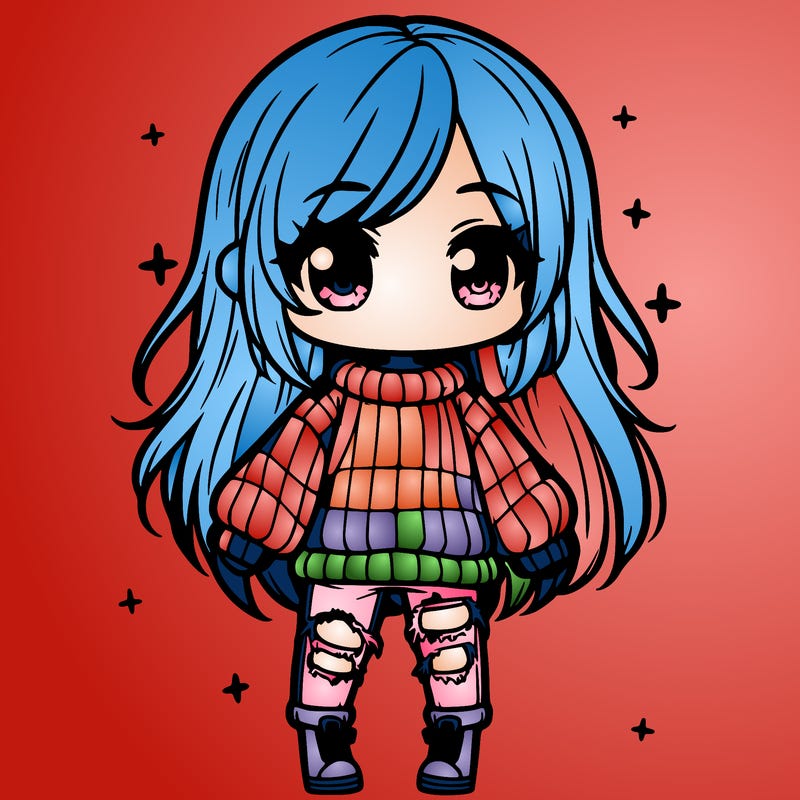 chibi girl with ripped jeans,long hair, and an oversized sweater